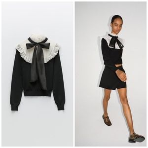 Zara tulle collar bow neck contrast knit sweater
